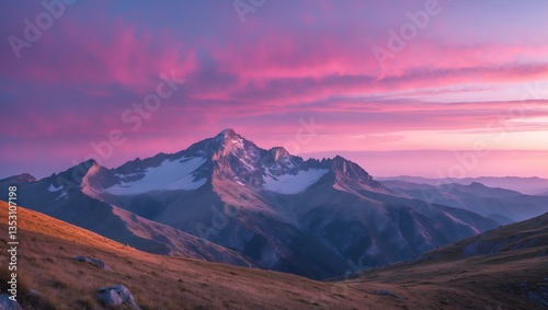 Dreamy mountain landscape at sunset with pink skies