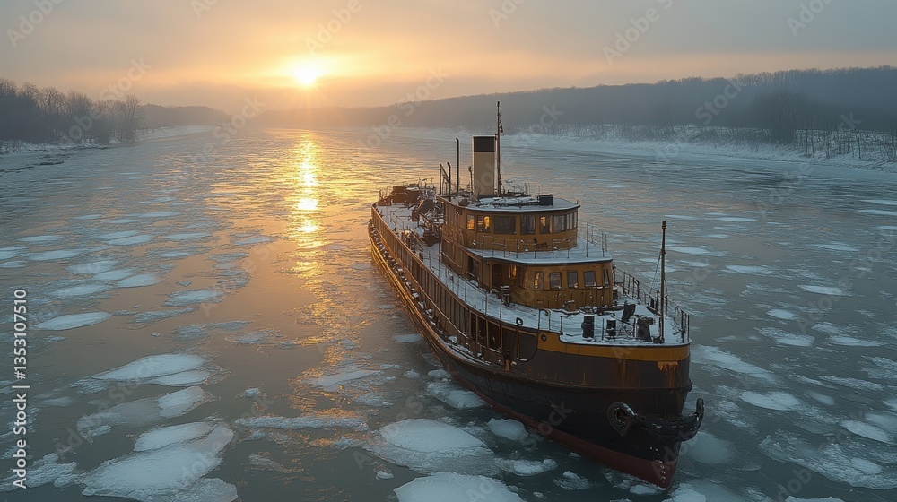Fototapeta premium Frozen River Sunrise Steamboat