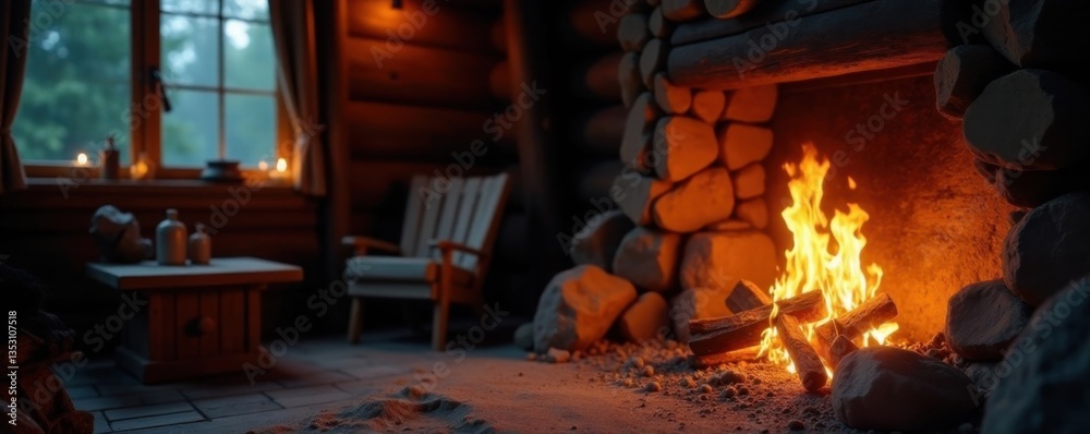 Obraz premium Softly glowing embers in a rustic wooden cabin, interior, ember