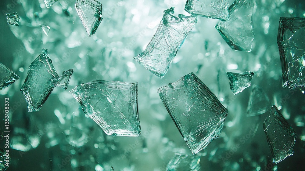 Teal shattered glass fragments falling.