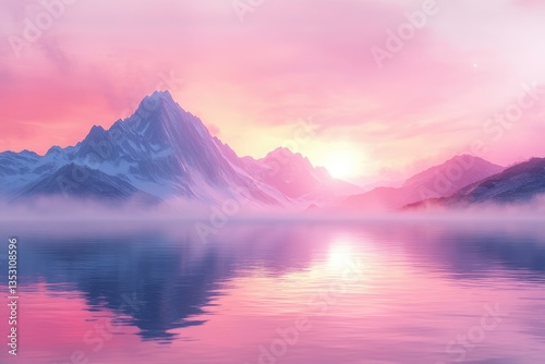 Breathtaking mountain landscape at dawn reflecting serene colors on still water surface in a tranquil alpine setting