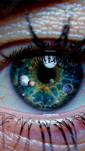 Woman blinking with solar system reflected in her eye