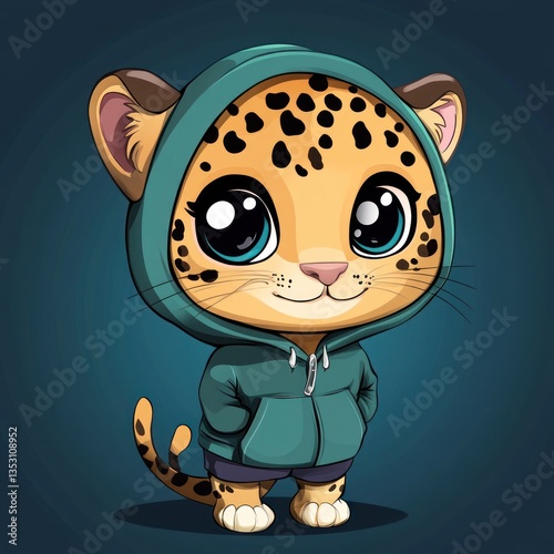 Adorable Leopard Cub in a Teal Hoodie