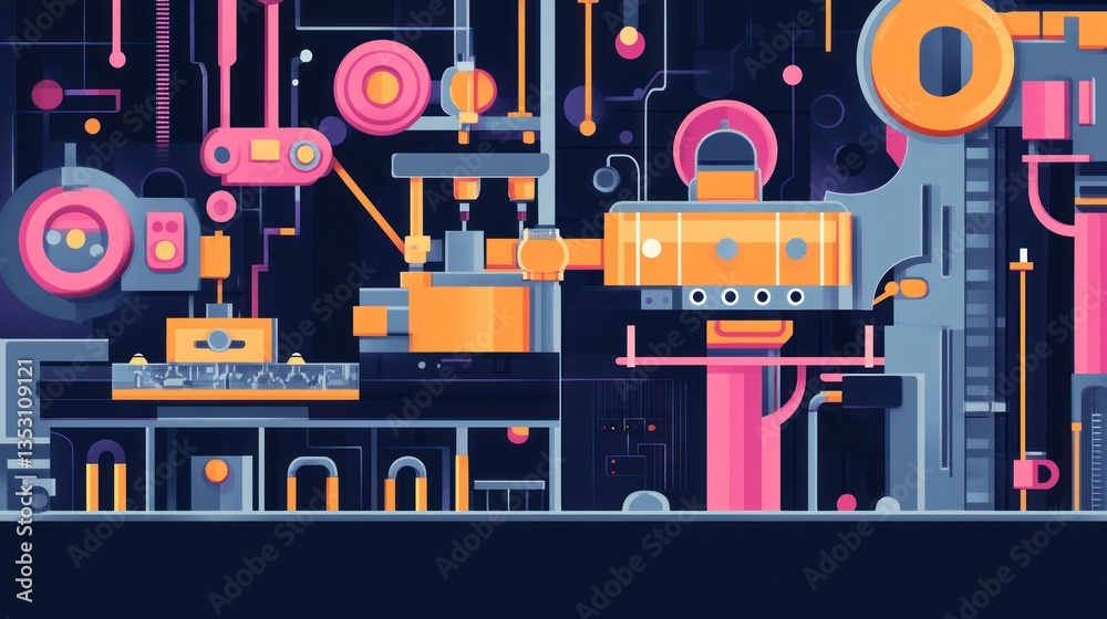 Obraz premium Colorful futuristic factory interior with complex machinery