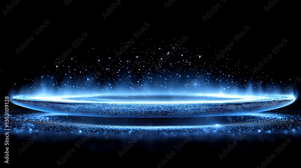 Glowing blue platform with sparkles on black background.