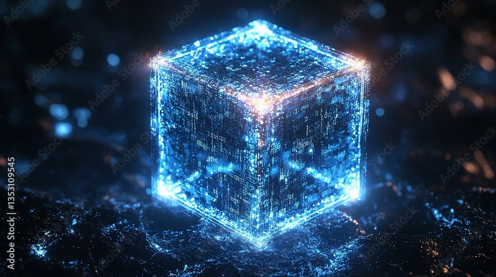 Glowing blue energy cube on dark surface.