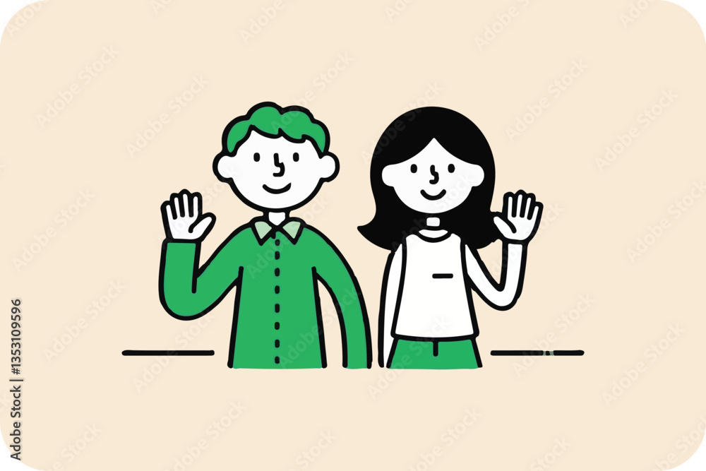 Two People Waving, Flat Vector Illustration of Greeting on Cream Background Two People Waving, Flat Vector Illustration of Greeting on Cream Background