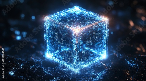 Obraz na płótnie Glowing blue energy cube on dark surface. w salonie