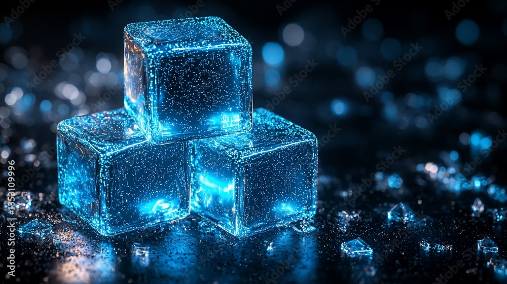 Three glowing blue ice cubes on dark background.