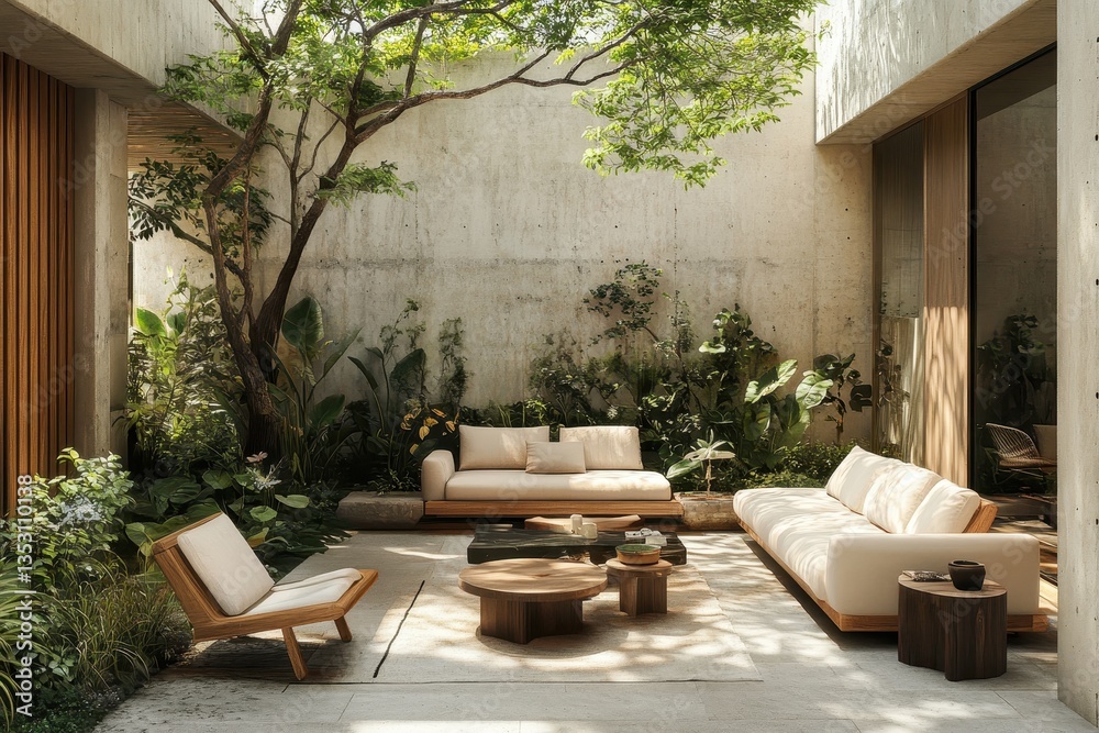 Relaxing outdoor seating area in a modern garden with natural elements surrounded by greenery and wooden structures Relaxing outdoor seating area in a modern garden with natural elements surrounded by greenery and wooden structures