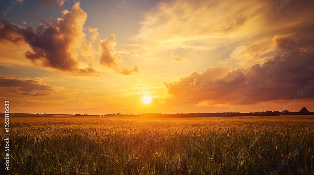 Golden sunset illuminates vast fields of waving green and yellow crops Golden sunset illuminates vast fields of waving green and yellow crops