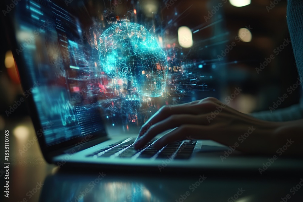 Person's Hands Typing on Laptop with Glowing Digital Sphere and Data Streams