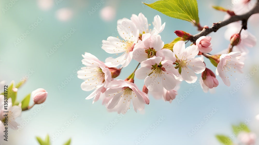 Obraz premium Close-up delicate pink cherry blossoms blooming a branch against a soft blue sky.