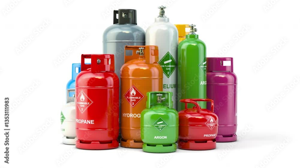 Different industrial liquefied gas containers, tanks and bottles with different gases