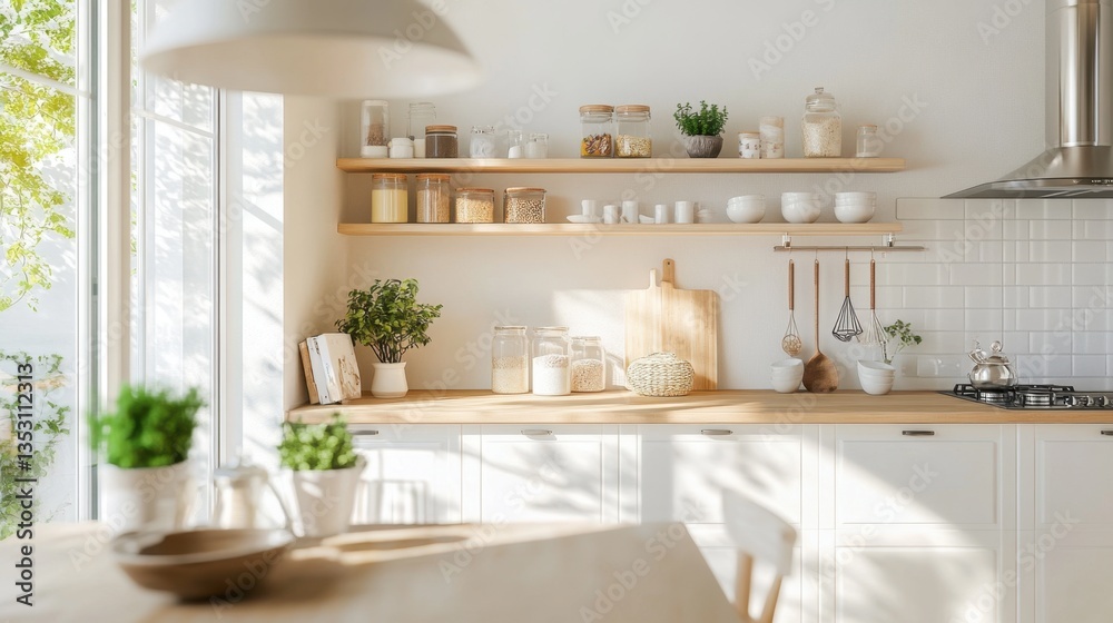 Fototapeta premium Bright and Airy Modern Kitchen with Open Shelves and Greenery