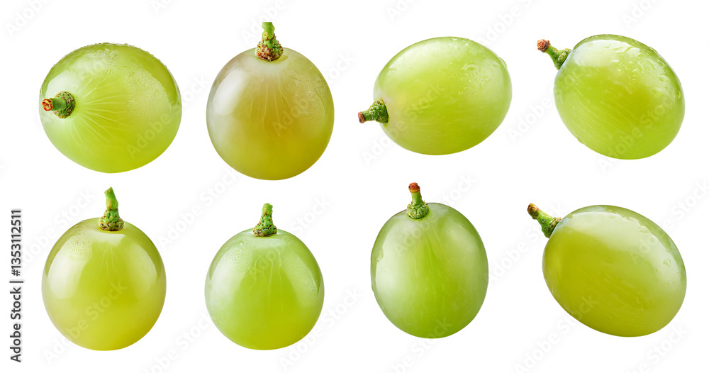 Fresh Green Grapes on White Background with Natural Shine, Bundle Set Collection, Isolated on Transparent Background