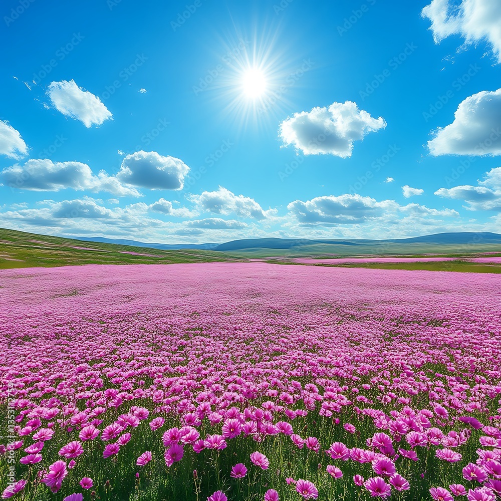 Fototapeta premium Sunny Pink Flower Field, Hilly Landscape, Spring