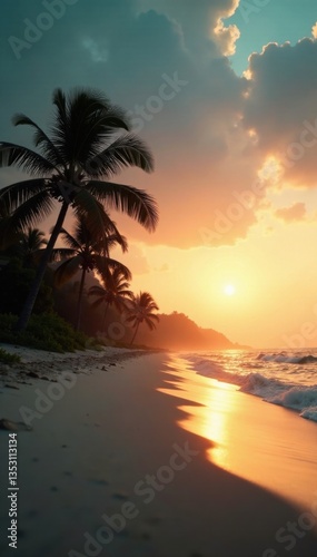 Vintage toned film style photo of a palm tree-lined beach at dusk with soft focus and warm colors, beach, warm colors