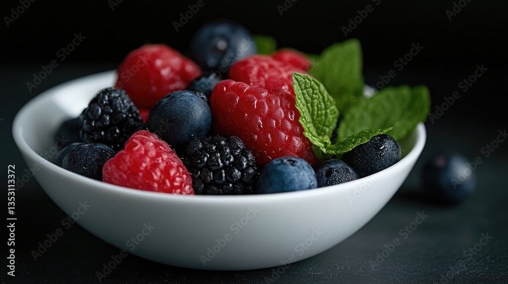 Freshly picked mixed berries in a white bowl. A vibrant medley of raspberries, blueberries, and blackberries, garnished with fresh mint leaves Freshly picked mixed berries in a white bowl. A vibrant medley of raspberries, blueberries, and blackberries, garnished with fresh mint leaves