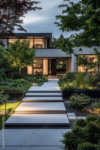 Elegant modern home illuminated at twilight with a beautifully landscaped pathway and lush greenery surrounding the entrance  creating a serene ambiance