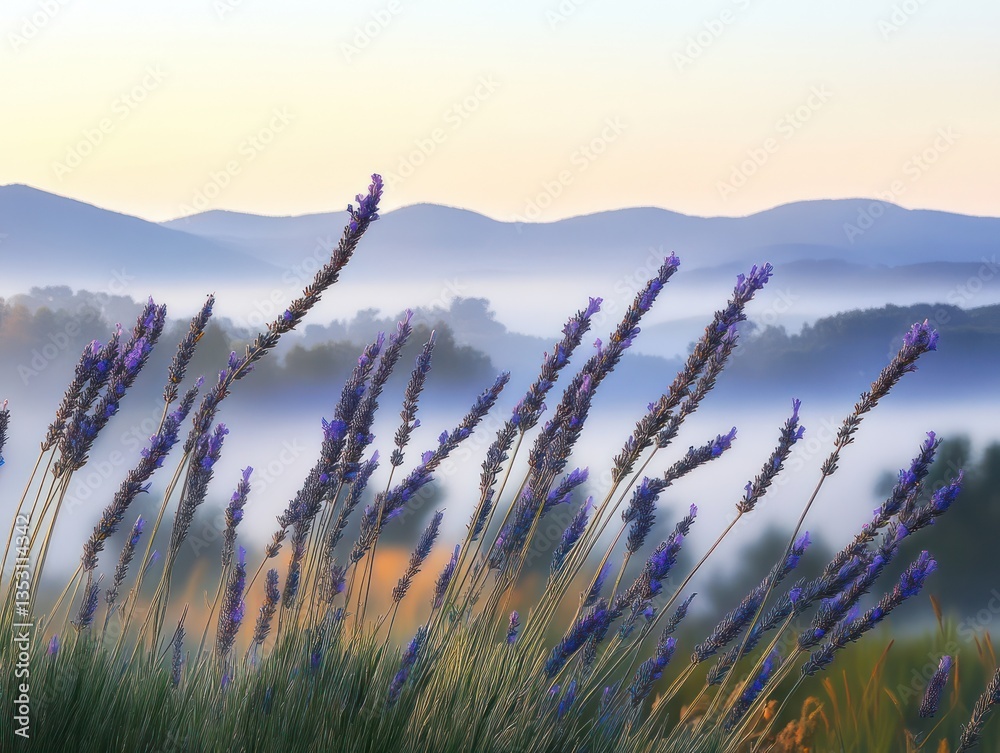 Obraz premium A photograph of tall lavender plants swaying in the foreground, with distant hills and foggy mountains in the background