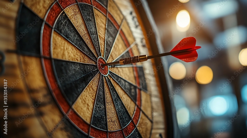 Red dart hitting bullseye on wooden dartboard.