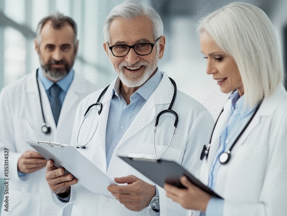 Group of healthcare professionals engaged in discussion and reviewing patient charts in a modern medical facility during the day Group of healthcare professionals engaged in discussion and reviewing patient charts in a modern medical facility during the day