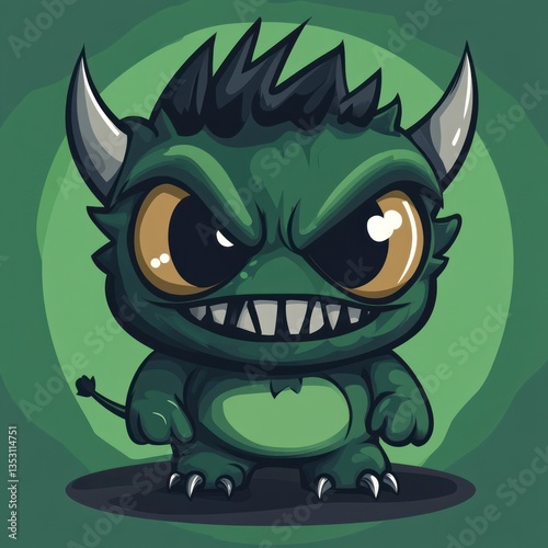 Adorable Green Monster with Horns: Cute Cartoon Devil