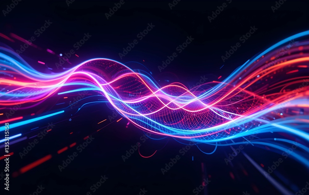 custom made wallpaper toronto digitalFuturistic Digital Artwork with Multicolored Light Trails in Abstract Cyberpunk Style Featuring Neon Streaks of Blue, Red, Orange, and Purple on a Dark Background