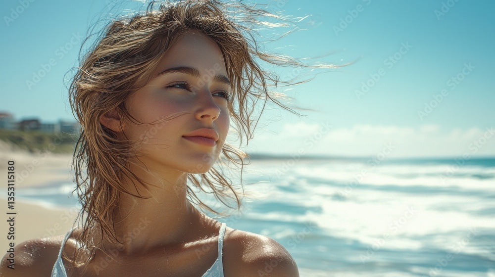 A radiant woman, her face bathed in sunlight, stands against a backdrop of the azure sea, her gaze fixed on the horizon, where the sky kisses the water's edge The gentle breeze playfully dances with A radiant woman, her face bathed in sunlight, stands against a backdrop of the azure sea, her gaze fixed on the horizon, where the sky kisses the water's edge The gentle breeze playfully dances with
