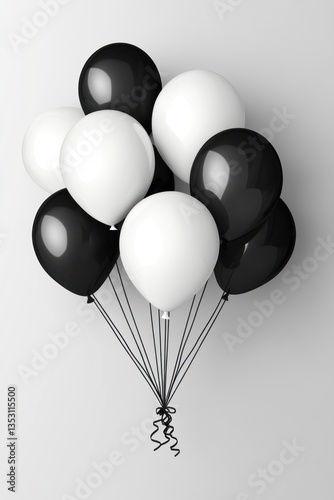 A bunch of white and black balloons tied together gracefully