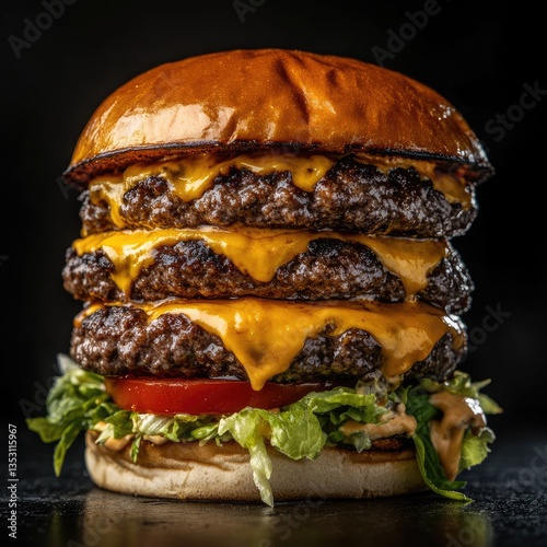 Triple-decker gourmet burger, piled high with savory, juicy beef patties, melted cheese, and fresh toppings.  A perfect blend of textures and flavors