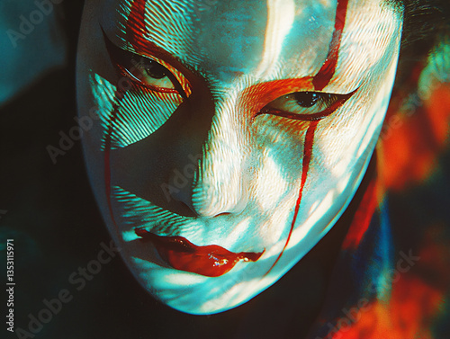  traditional noh mask with holographic projection