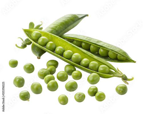 fresh green peas in pods and scattered around a transparent background