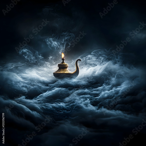 Magic lamp floating on dark clouds, night sky background, fantasy illustration, ideal for storytelling