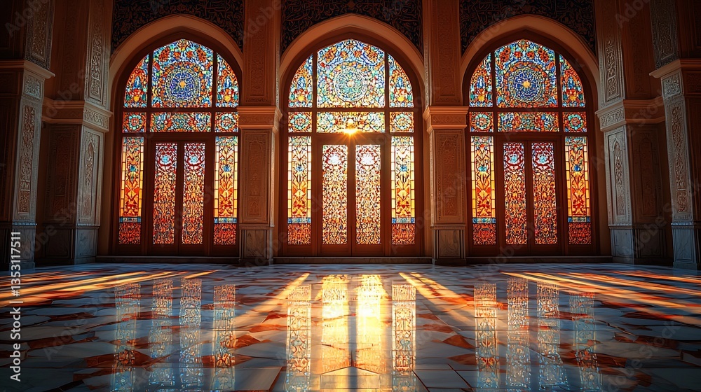 Sunlit interior with three arched stained glass windows and marble floor.