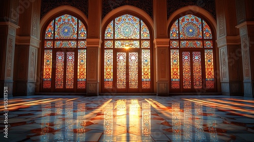 Obraz na płótnie Sunlit interior with three arched stained glass windows and marble floor. w salonie