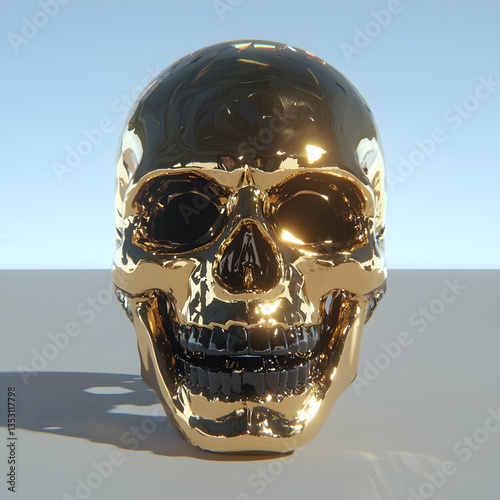 Golden skull, studio shot, minimalist background, 3D render, for memento mori or luxury concept
