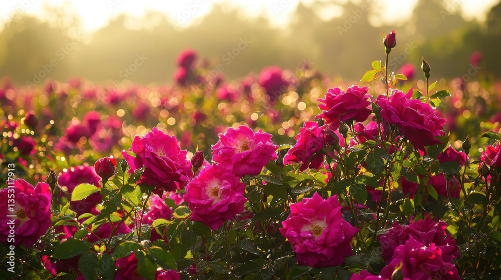 Vibrant blooming rose garden serene landscape nature photography early morning light floral beauty outdoor serenity