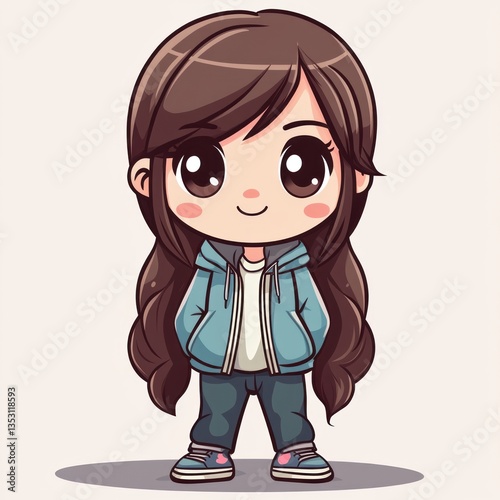 Adorable Cartoon Girl in Blue Hoodie