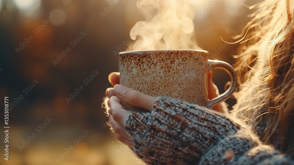 Woman's hands in knitted gloves holding a steaming mug outdoors.