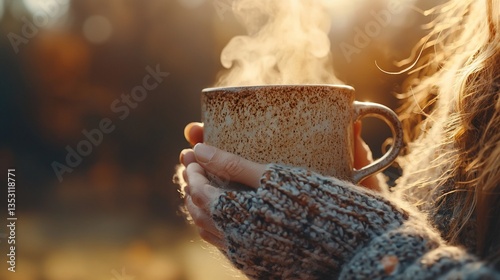 Obraz na płótnie Woman's hands in knitted gloves holding a steaming mug outdoors. w salonie