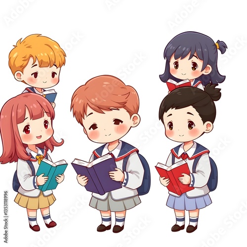 cute chibi school kids.adorable school children illustration.
cartoon students reading books.happy children in school uniform.education cartoon characters
