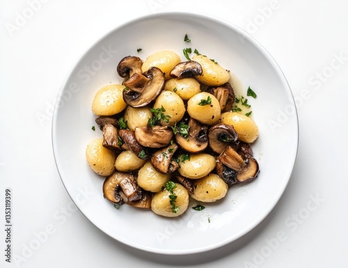 Creamy, golden-brown gnocchi with saut?ed mushrooms, topped with fresh herbs photo