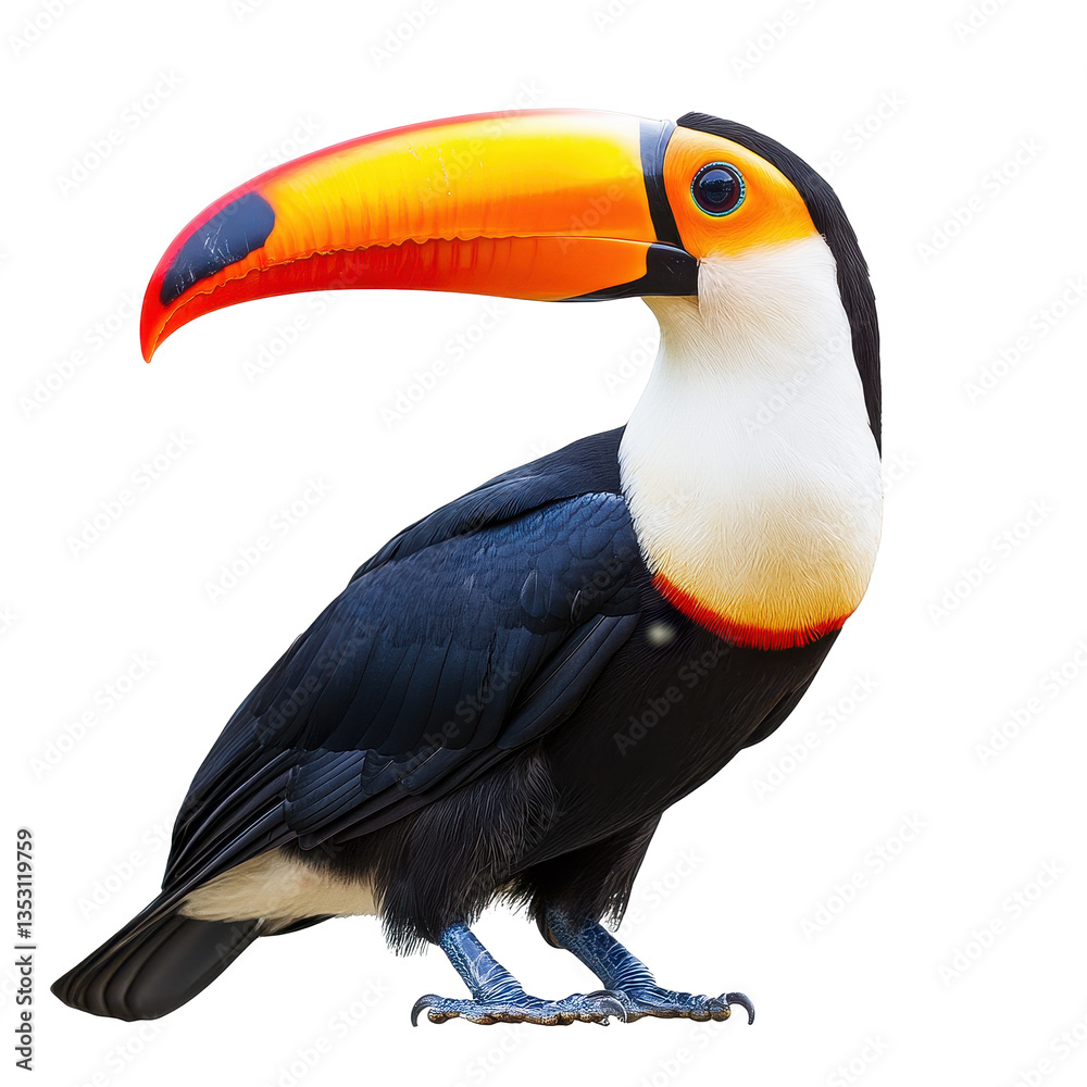 Obraz premium Vivid toucan perched elegantly with bright bill in a natural pose against a Transparent background, Toucan Bird Isolated on PNG background