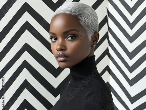 In this captivating portrait, a woman stands against a striking black and white chevron backdrop, her presence commanding attention Her icy platinum bob, styled with a bold bluntness, frames her face