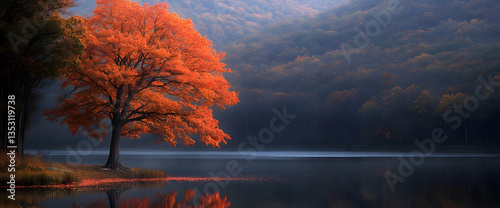 Autumn tree lake reflection calm misty morning nature