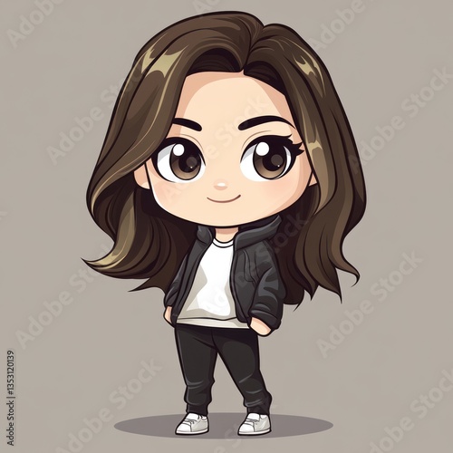 Adorable Anime Girl Illustration:  Brown Hair, Casual Outfit, Cute Style