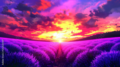 Vibrant sunset over lavender field, peaceful landscape, idyllic scene, travel postcard