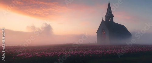 Misty sunrise over church in tulip field